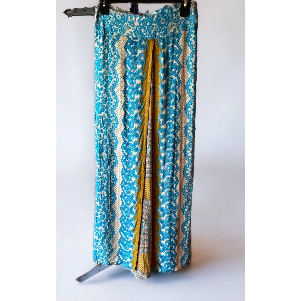 Womens Small faux Wrap Pants Bohochic Boho Pattern Blue ruched back slit legs